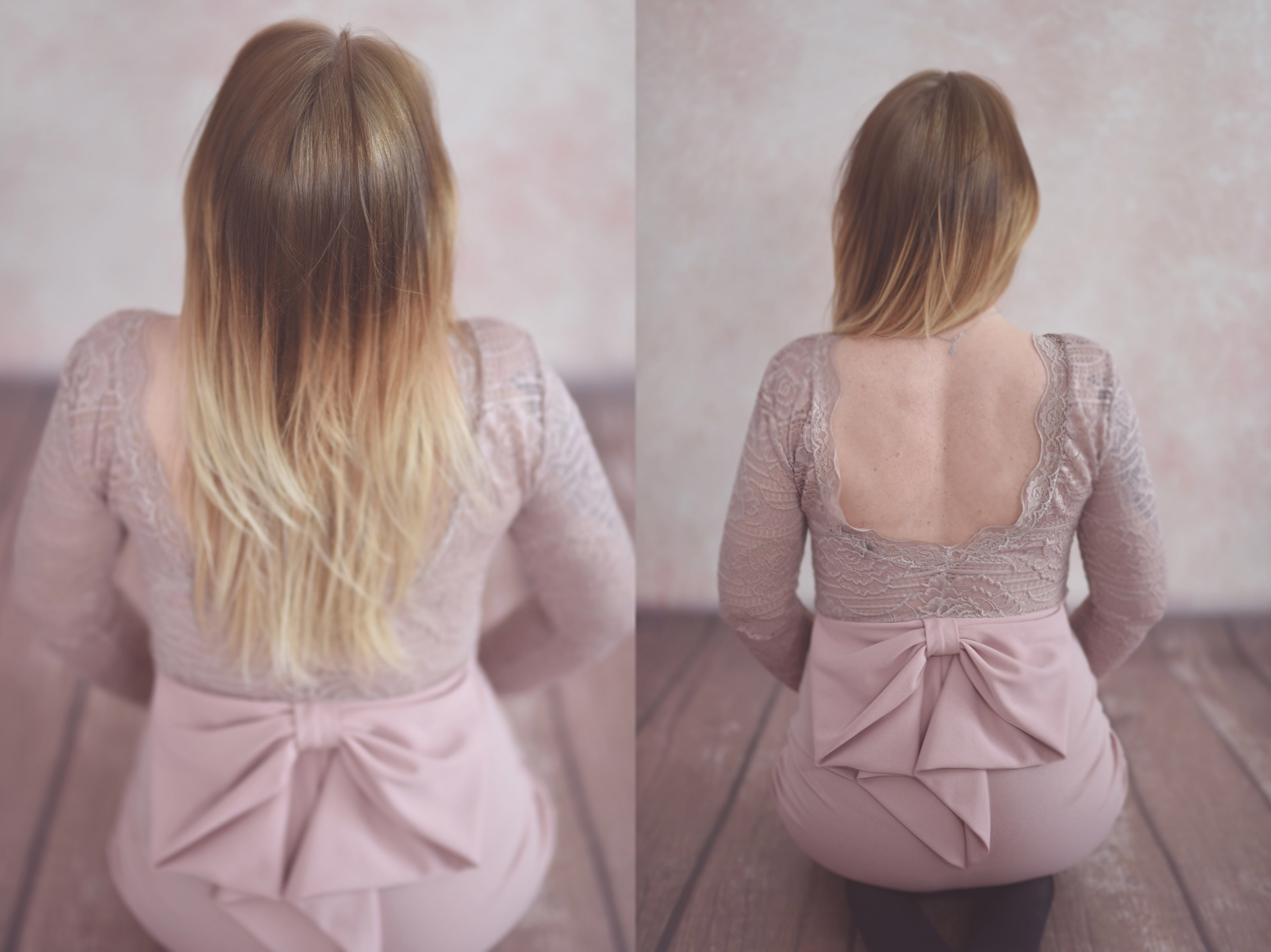 Kobieta siedzi tyłem, ubrana w koronkową bluzkę i sukienkę z kokardą, widoczne blond włosy i fragment pleców.