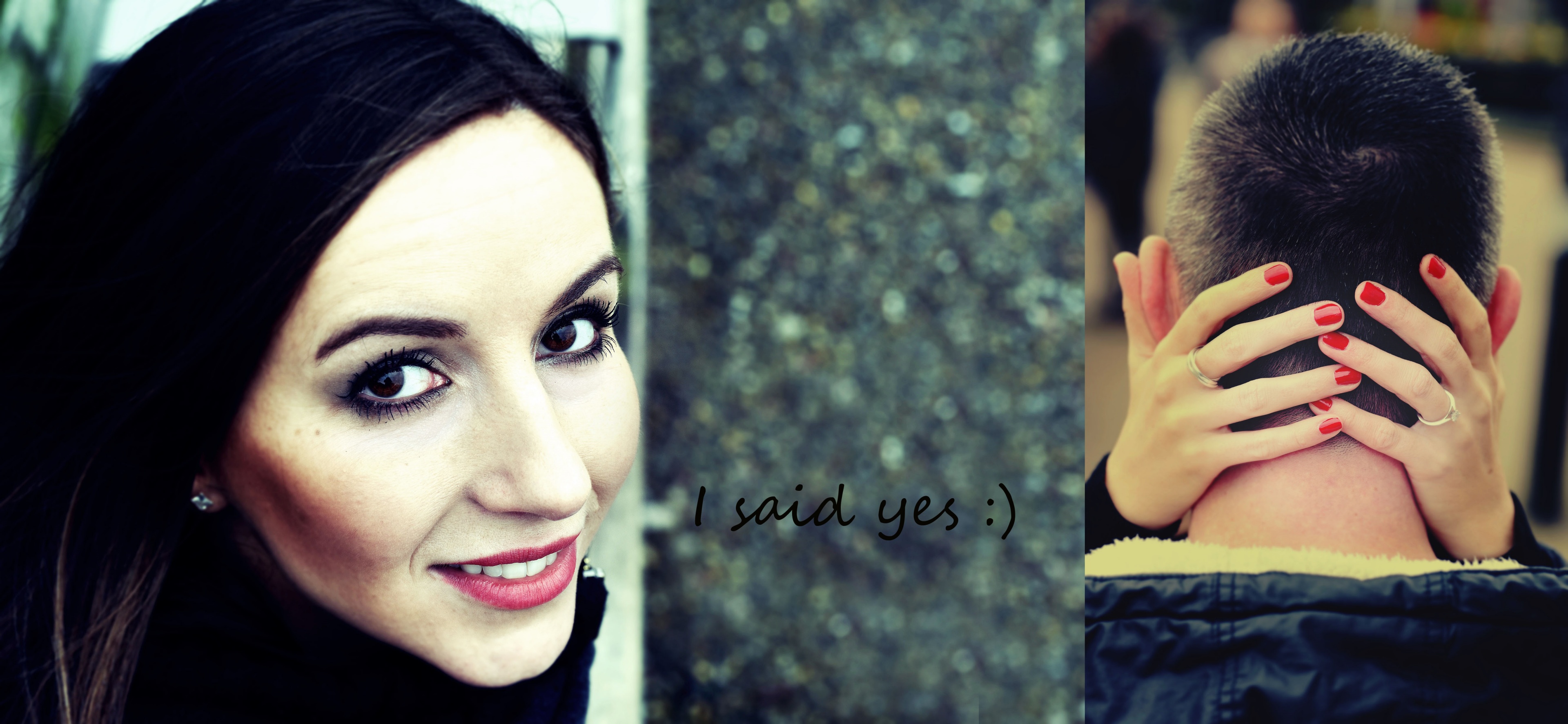 Portret uśmiechniętej kobiety z ciemnymi włosami i wyrazistym makijażem oczu, obok napis 'I said yes :)' i dłoń mężczyzny z pierścionkiem zaręczynowym i czerwonymi paznokciami.