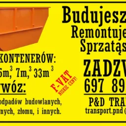 Żółte ogłoszenie reklamowe z pomarańczowym kontenerem na gruz, informacją o wynajmie kontenerów o różnych pojemnościach (3m3 do 33m3) oraz wywozie gruzu, śmieci, odpadów budowlanych i złomu.