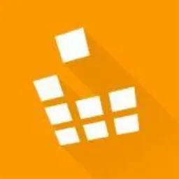 Stylizowany pomarańczowy kwadrat z białymi, asymetrycznie ułożonymi blokami i długim cieniem, przypominający ikonę aplikacji lub logo firmy.