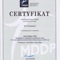 Skan certyfikatu Akademii Biznesu MDDP dla Ewy Furmanek za udział w szkoleniu Akcja Bilans 2016, obejmującym rachunkowe i podatkowe zamknięcie roku oraz sporządzenie sprawozdania finansowego za...