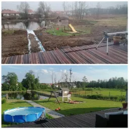 Porównanie stanu ogrodu przed i po: od przygotowania terenu z wykopem i rozłożoną geowłókniną, do zagospodarowanego ogrodu z basenem, placem zabaw i drewnianym tarasem.