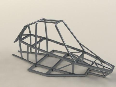 Stalowa konstrukcja ramy pojazdu wyścigowego, spawana z rur o przekroju kwadratowym, na jednolitym tle.