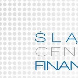 Logo Śląskiego Centrum Finansowego na tle z szarych kropek, z napisem w kolorach niebieskim i szarym.