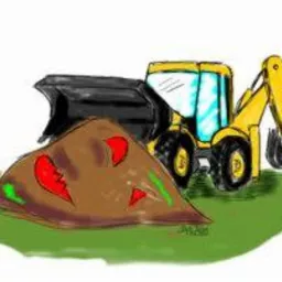 Ilustracja przedstawiająca żółtą koparkę i pryzmę ziemi z czerwonymi i zielonymi elementami, na zielonym tle.