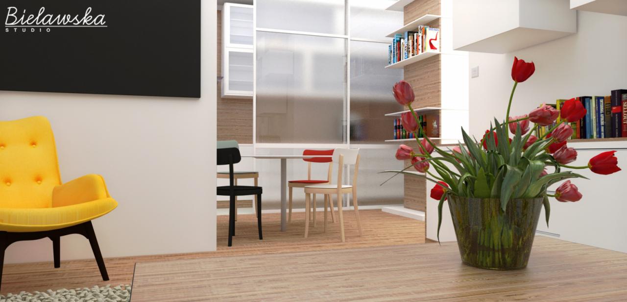 Wizualizacja wnętrza: żółty fotel z guzikami, czarna tablica z logo firmy Bielawska Studio, stół z krzesłami w tle, bukiet czerwonych tulipanów w szklanym wazonie na pierwszym planie, drewniana...
