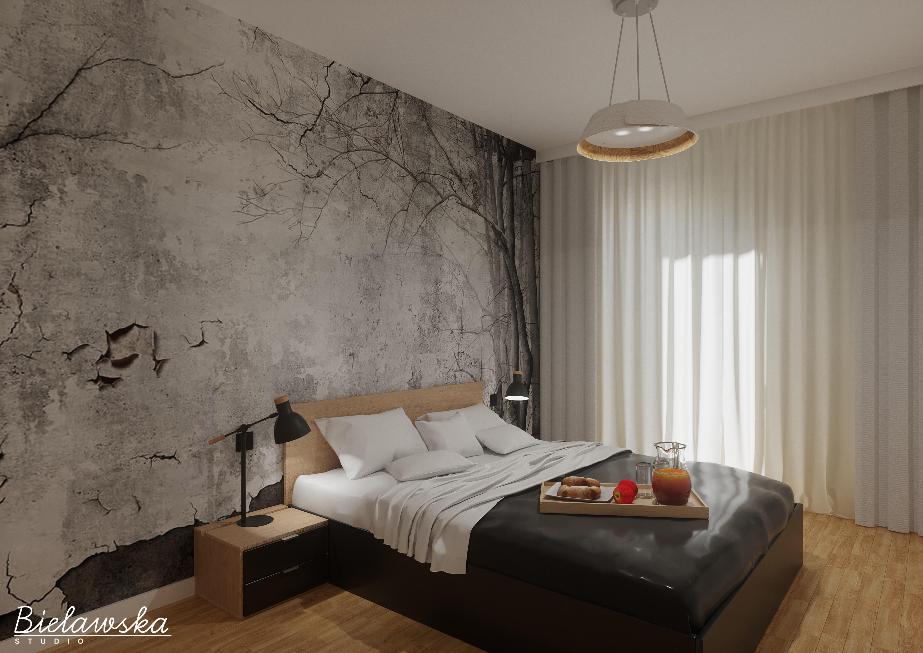 Sypialnia z łóżkiem, na którym leży taca ze śniadaniem: dzbanek soku, szklanka, jabłko i bułeczki. Ściana z efektem starego betonu i motywem drzewa, lampka nocna na szafce.