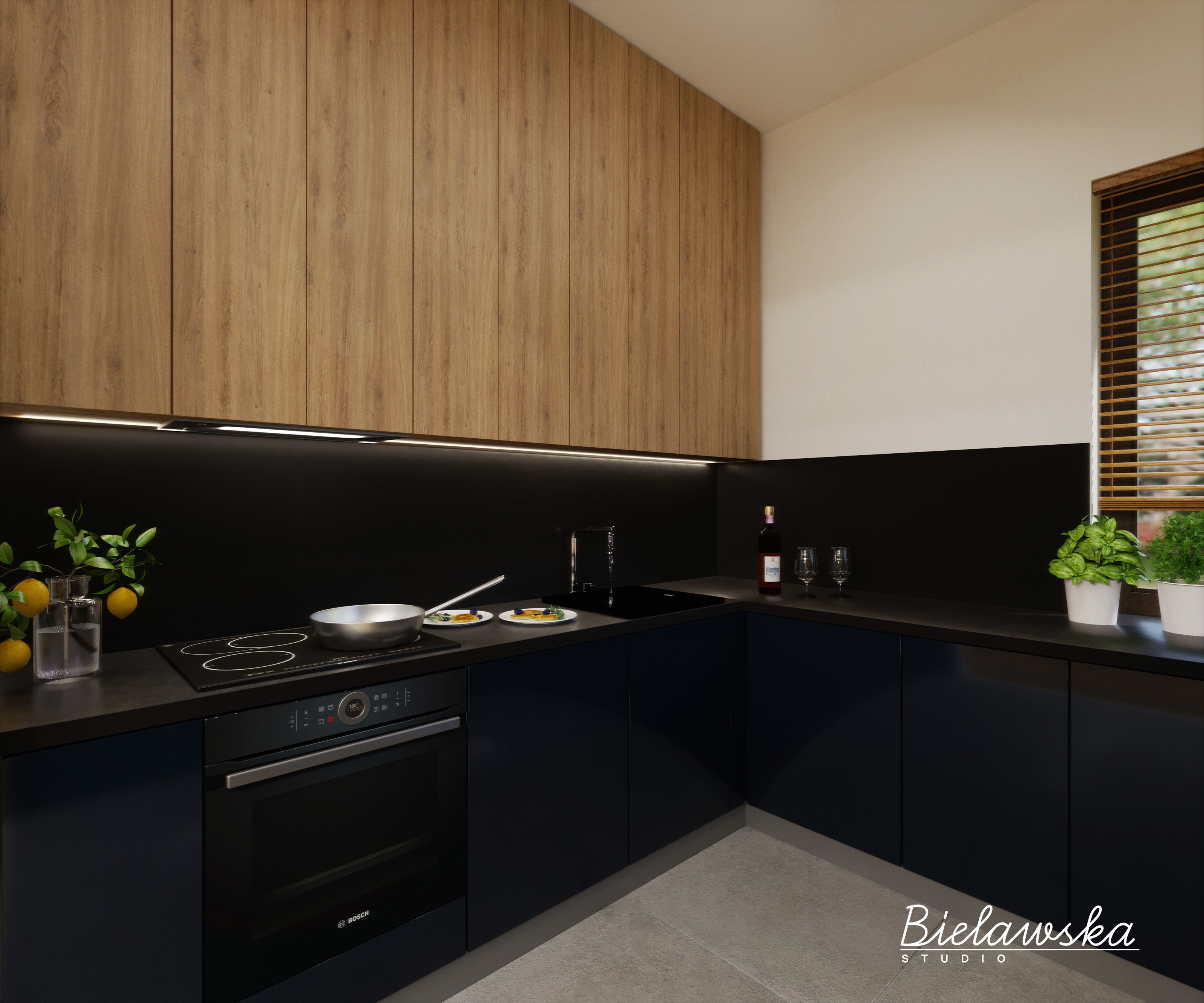 Wizualizacja nowoczesnej kuchni z drewnianymi szafkami górnymi i ciemnymi szafkami dolnymi, czarnym blatem, płytą indukcyjną z patelnią, piekarnikiem Bosch, butelką wina i szklankami, cytrynami...
