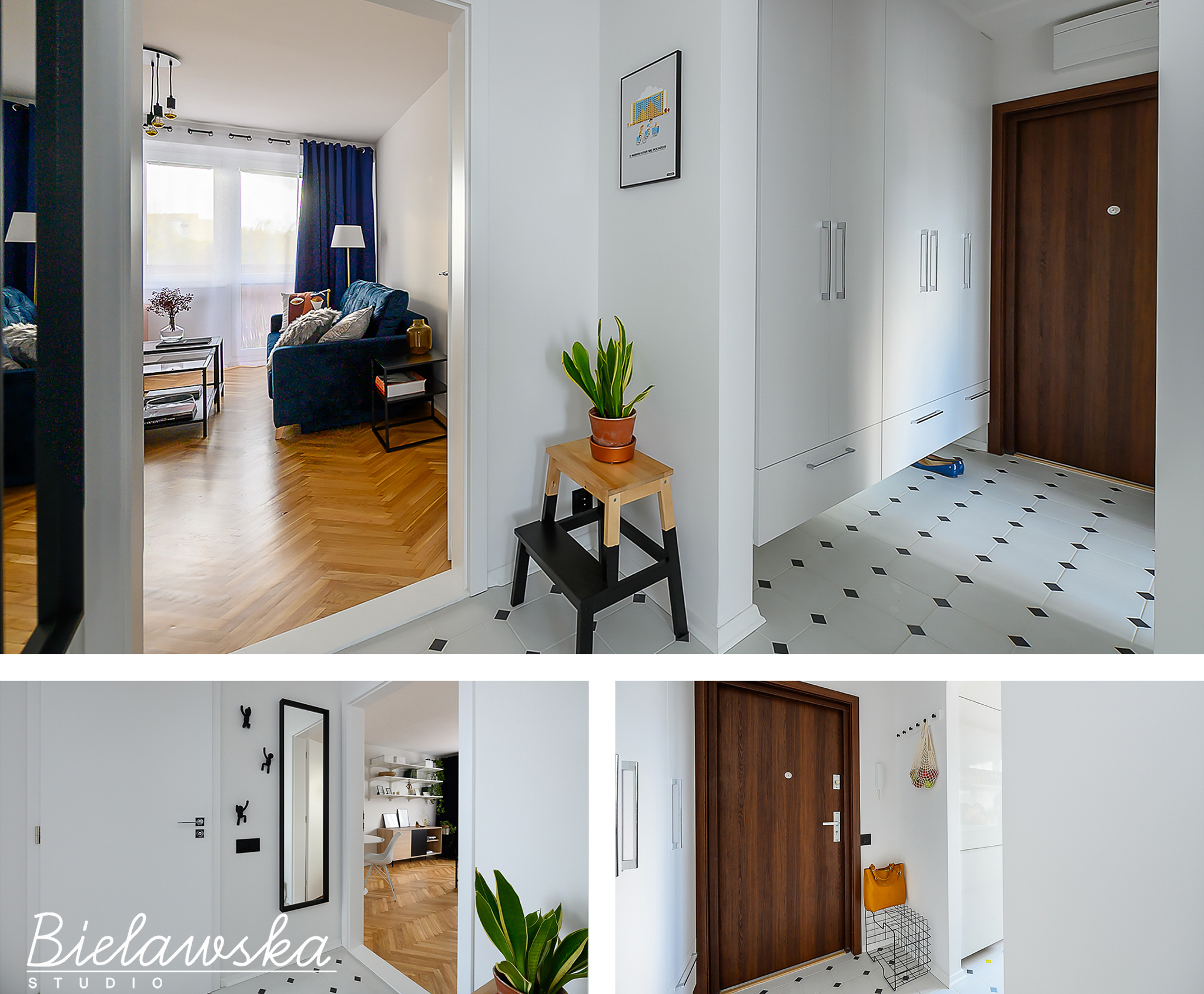 Nowoczesny przedpokój z widokiem na salon: białe ściany, drewniane drzwi wejściowe, podłoga w biało-czarne romby, szafa w zabudowie, drewniany taboret z rośliną doniczkową, w tle salon z granatową...
