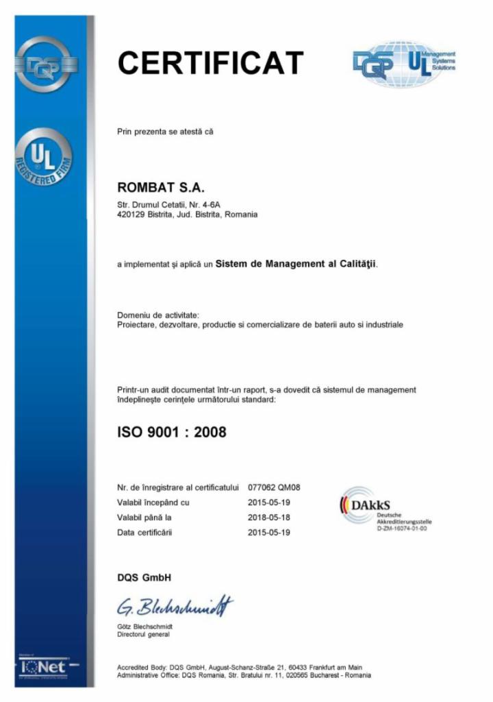 Certyfikat ISO 9001:2008 firmy ROMBAT S.A. potwierdzający wdrożenie systemu zarządzania jakością, wydany przez DQS GmbH.