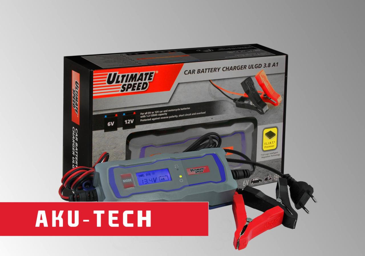 Prostownik samochodowy Ultimate Speed ULG 3.8 A1 w opakowaniu, z widocznym wyświetlaczem LCD i klemami. Urządzenie przeznaczone do ładowania akumulatorów 6V i 12V.