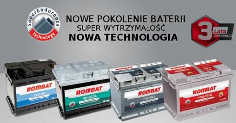 Cztery akumulatory samochodowe marki Rombat różnych modeli: Cyclon, Tornado, Premier i AGM-VRLA, prezentowane na tle z hasłem reklamowym o nowej generacji baterii i 3-letniej gwarancji.