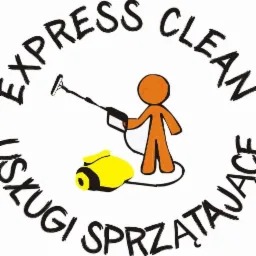 Grafika wektorowa przedstawiająca stylizowaną postać z odkurzaczem parowym, otoczoną napisem 'EXPRESS CLEAN USŁUGI SPRZĄTAJĄCE'.