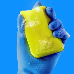 Ręka w niebieskiej rękawicy trzymająca żółtą gąbkę z pianą, gotowa do użycia podczas usług porządkowych w Płocku.