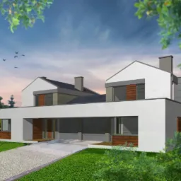 Wizualizacja nowoczesnego domu dwurodzinnego z białymi ścianami, płaskim dachem i drewnianymi akcentami, otoczonego zielenią i z podjazdem z jasnego żwiru.