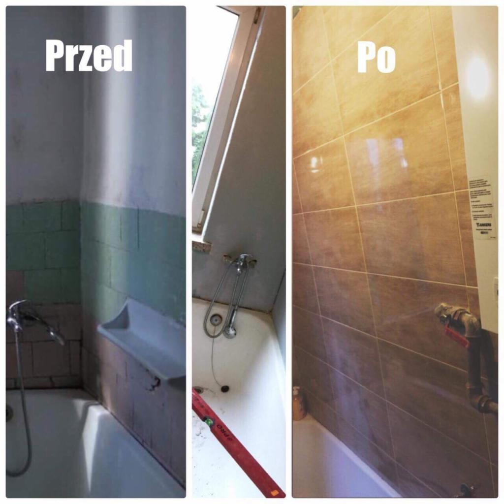 Porównanie stanu łazienki przed i po remoncie: stara, częściowo wykafelkowana ściana z zielonymi płytkami i nowa, wykafelkowana ściana w odcieniach brązu z zamontowanym piecykiem gazowym.
