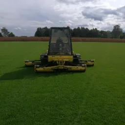 Żółta kosiarka wielogłowicowa na rozległym, równo przystrzyżonym trawniku, z lasem w tle i pochmurnym niebem.