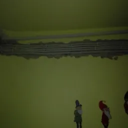 Żółta ściana z naklejkami krasnali i wiązką kabli elektrycznych prowadzonych w bruździe pod sufitem, przed zakryciem tynkiem.