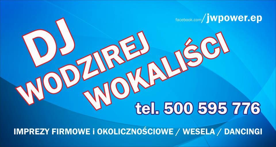 Grafika reklamowa z napisem DJ Wodzirej Wokaliści, numerem telefonu i adresem profilu na Facebooku, oferująca obsługę imprez firmowych, wesel i dancingów.