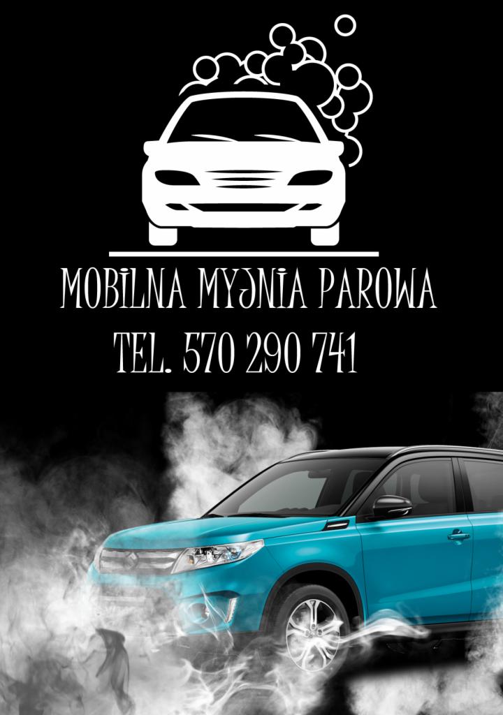 Reklama mobilnej myjni parowej z turkusowym Suzuki Vitara otulonym parą, biały graficzny symbol samochodu i piany na czarnym tle.