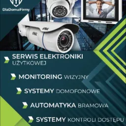 Grafika reklamowa prezentująca kamery monitoringu, panel wideodomofonu i logo firmy na tle budynku, z hasłami o serwisie elektroniki użytkowej, monitoringu wizyjnym, systemach domofonowych...