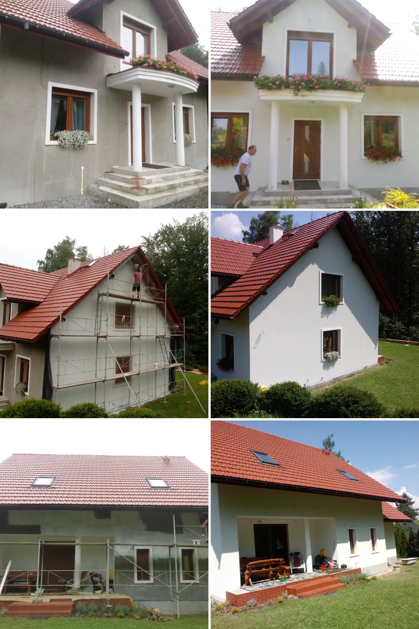 Dom jednorodzinny przed i po odnowieniu elewacji: od szarego surowego tynku do jasnej, gładkiej powierzchni; widoczne rusztowania i kwiaty w oknach.