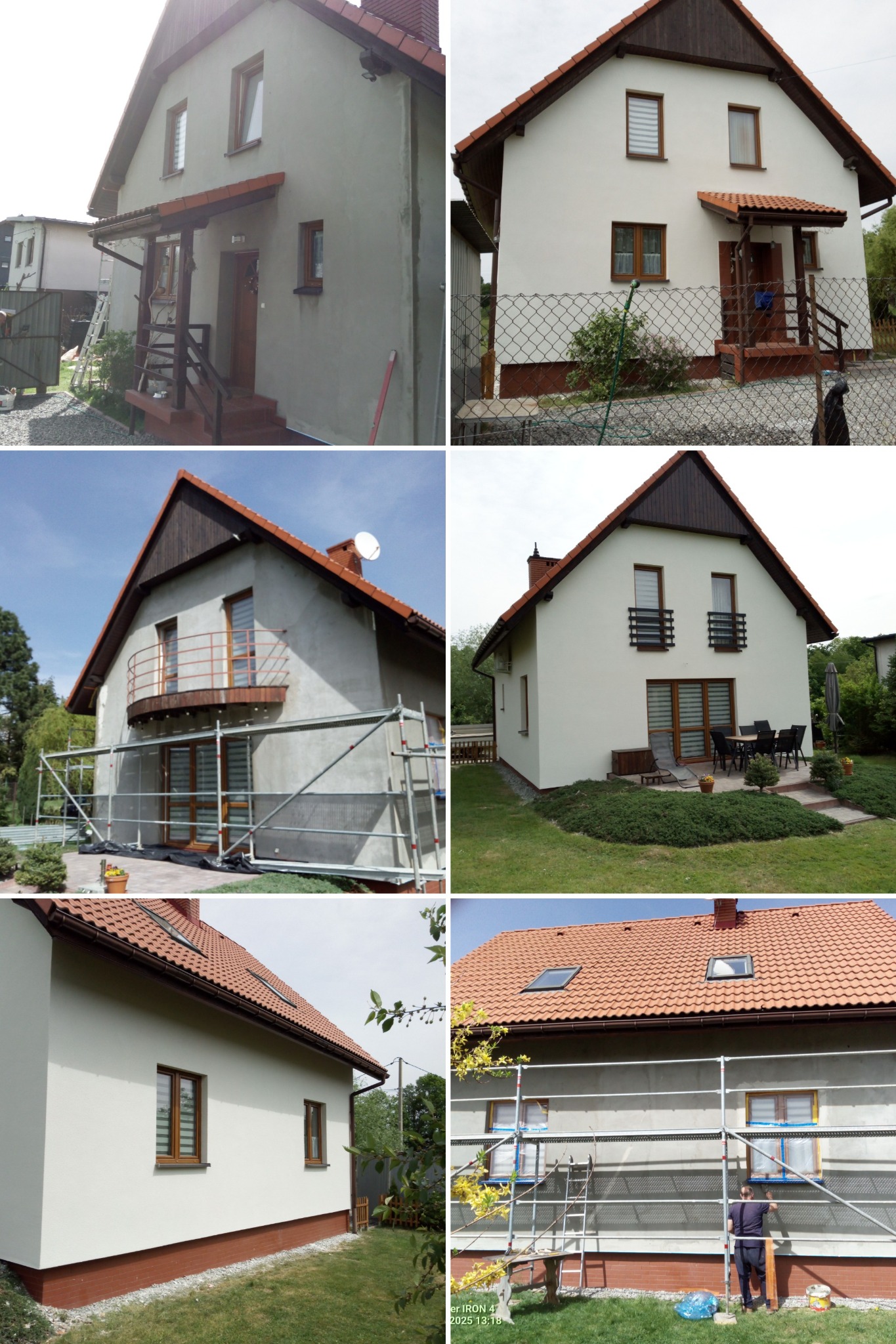 Fotografia domu przed i po renowacji elewacji. Widoczne rusztowania w trakcie prac. Jasna elewacja kontrastuje z czerwoną dachówką i brązowymi elementami wykończenia.