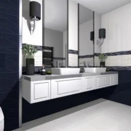 Wizualizacja nowoczesnej łazienki z umywalkami nablatowymi, podwieszaną szafką z frezowanymi frontami, lustrami bez ram i ciemnoniebieskimi płytkami z geometrycznym wzorem na ścianie.