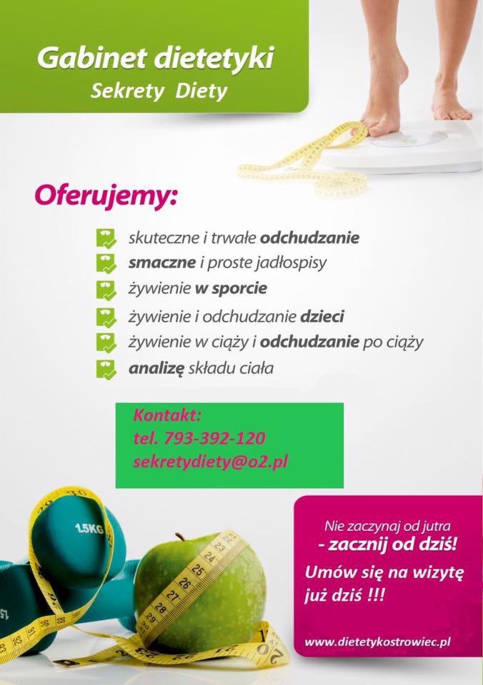 Reklama gabinetu, oferującego usługi dietetyczne: odchudzanie, jadłospisy, żywienie w sporcie, żywienie dzieci, żywienie w ciąży i analiza składu ciała, z widoczną wagą, jabłkiem owiniętym miarką...
