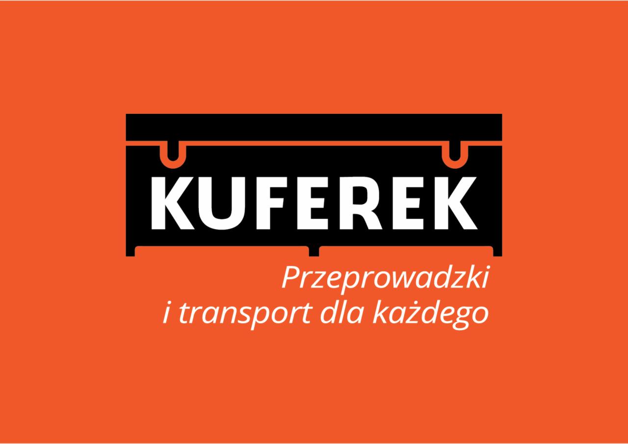 Logo firmy transportowej 'KUFEREK' z napisem 'Przeprowadzki i transport dla każdego' na pomarańczowym tle.