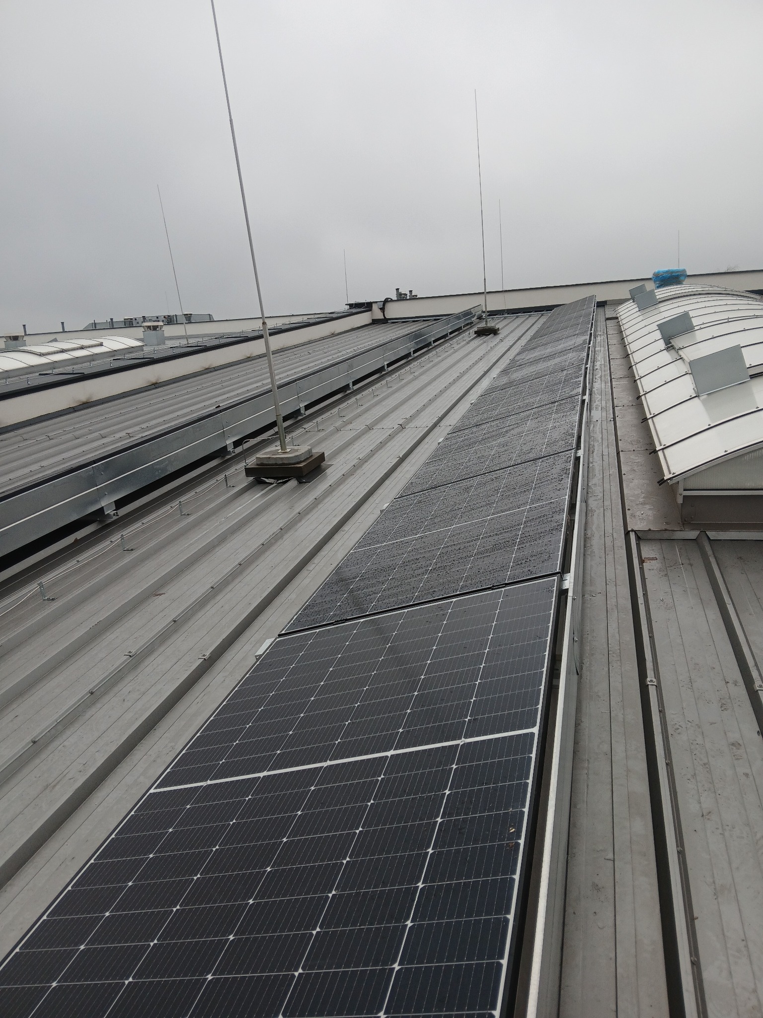 Rząd paneli słonecznych zamontowanych na metalowym dachu budynku przemysłowego w pochmurny dzień, widoczne piorunochrony.