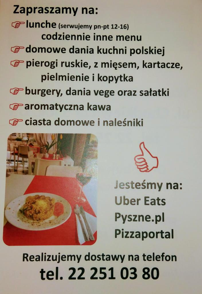 Menu restauracji z ofertą lunchu, dań kuchni polskiej, pierogów, burgerów, sałatek, kawy i ciast, informacja o dostawach przez Uber Eats, Pyszne.pl i Pizzaportal, zdjęcie dania na talerzu...