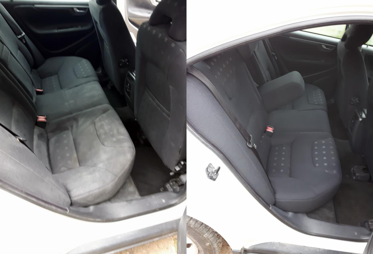 Dwa ujęcia tylnej kanapy samochodu przed i po czyszczeniu, widoczne wyraźne różnice w czystości tapicerki.
