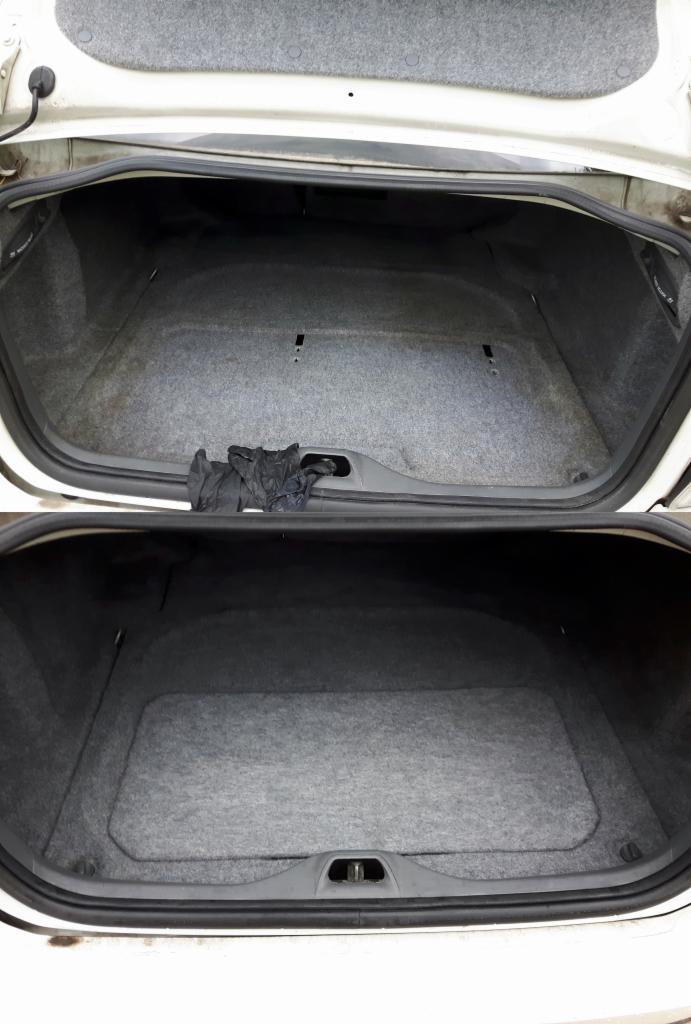 Porównanie bagażnika samochodowego przed i po czyszczeniu, widoczna różnica w odcieniu szarości wykładziny.