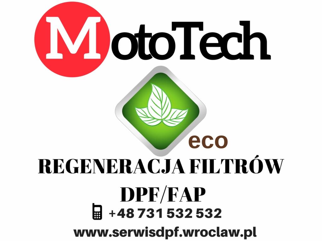 Logo firmy MotoTech specjalizującej się w regeneracji filtrów DPF/FAP z zielonym symbolem eco, numerem telefonu i adresem strony internetowej.