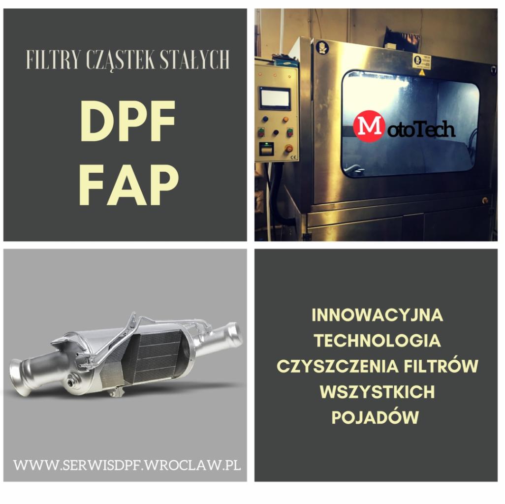 Kompozycja graficzna przedstawiająca czyszczenie filtrów DPF/FAP: schemat filtra, maszyna czyszcząca z logo MotoTech, oraz informacja o innowacyjnej technologii czyszczenia dla wszystkich pojazdów.