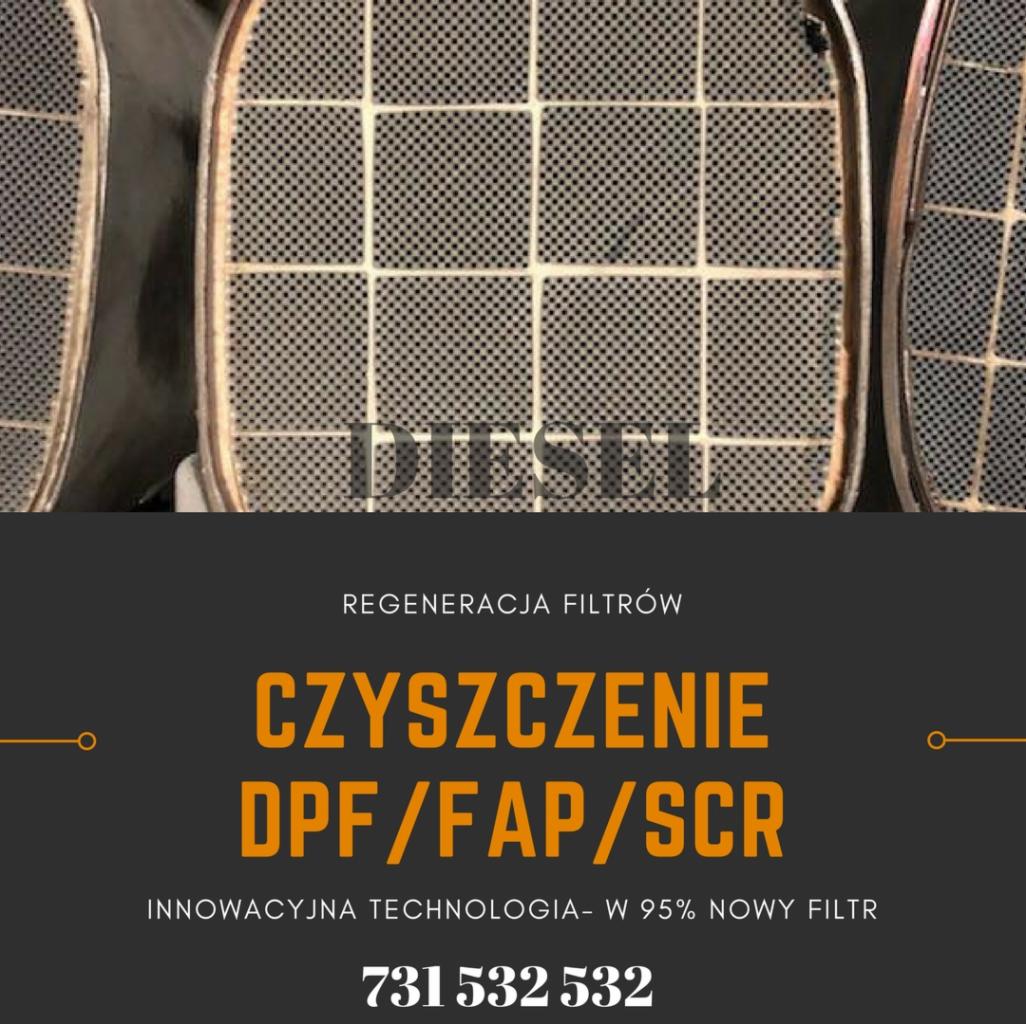 Reklama czyszczenia filtrów DPF/FAP/SCR z widocznymi w tle fragmentami filtrów o strukturze plastra miodu i napisem DIESEL