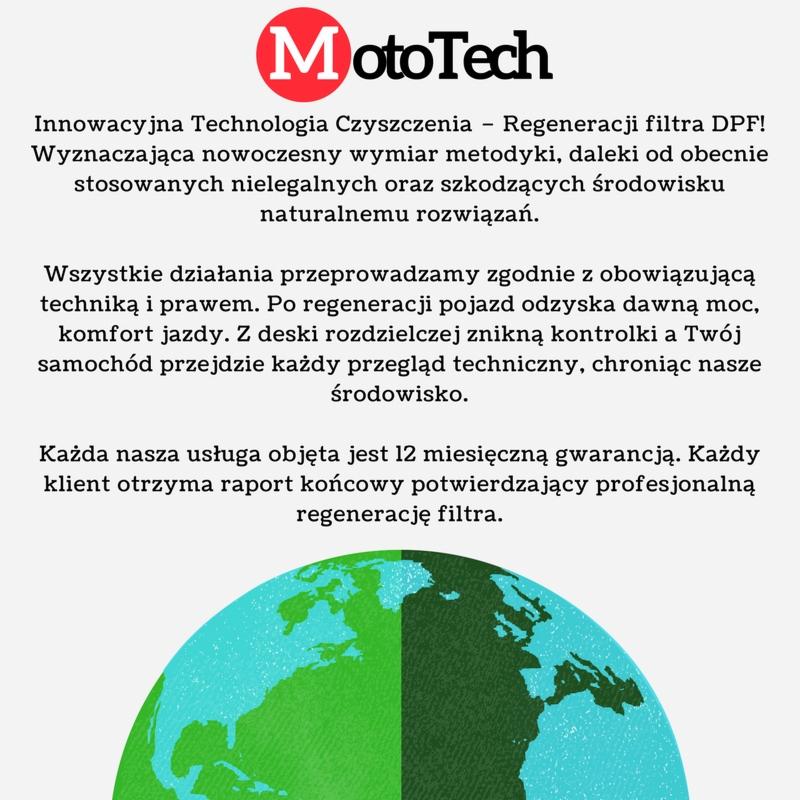 Grafika reklamowa MotoTech z tekstem o innowacyjnej technologii czyszczenia i regeneracji filtra DPF oraz gwarancji na usługi, z ilustracją mapy świata w zielonych odcieniach.