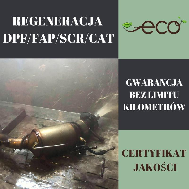 Czyszczenie filtra DPF/FAP/SCR/CAT pod ciśnieniem w warsztacie, widoczna woda i para, obok informacje o regeneracji, gwarancji bez limitu kilometrów i certyfikacie jakości.