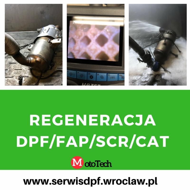 Regeneracja filtra DPF/FAP/SCR/CAT: filtr przed czyszczeniem na metalowym stole warsztatowym, zbliżenie wnętrza filtra na ekranie urządzenia diagnostycznego oraz filtr czyszczony pod ciśnieniem wody.