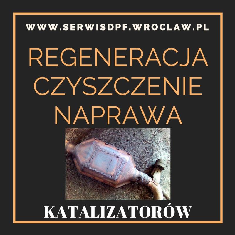 Grafika reklamowa serwisu regenerującego katalizatory, prezentująca zużyty, zardzewiały katalizator na tle szarej, chropowatej powierzchni. Tekst informuje o regeneracji, czyszczeniu i naprawie...