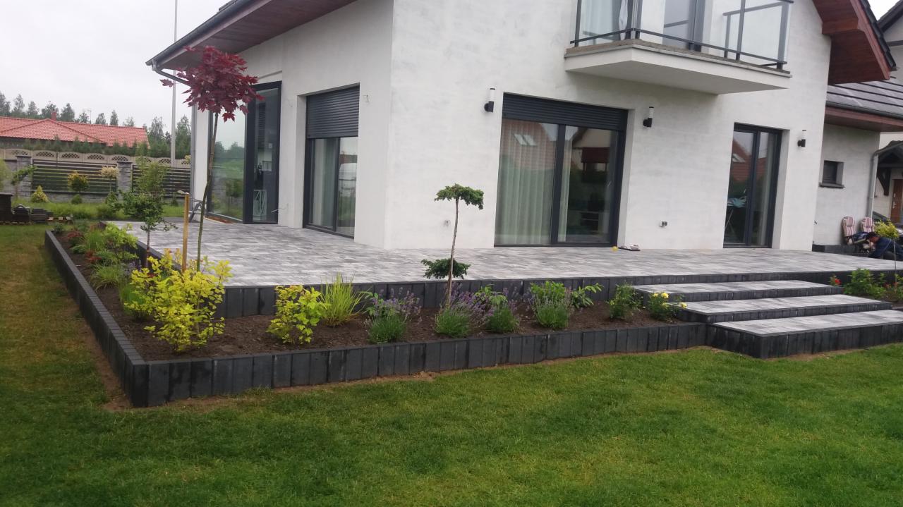 Nowoczesny taras z szarej kostki brukowej prowadzący do domu z białym tynkiem, obrzeża rabat z ciemnych palisad, młode rośliny wzdłuż tarasu, trawnik i drzewko klonu palmowego.