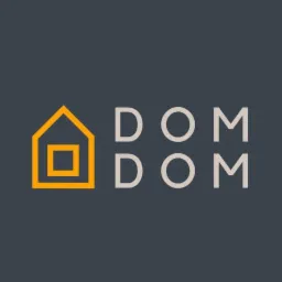 Logo firmy z symbolem domu w kolorze pomarańczowym i napisem 'DOM DOM' w szarym kolorze na ciemnoszarym tle.