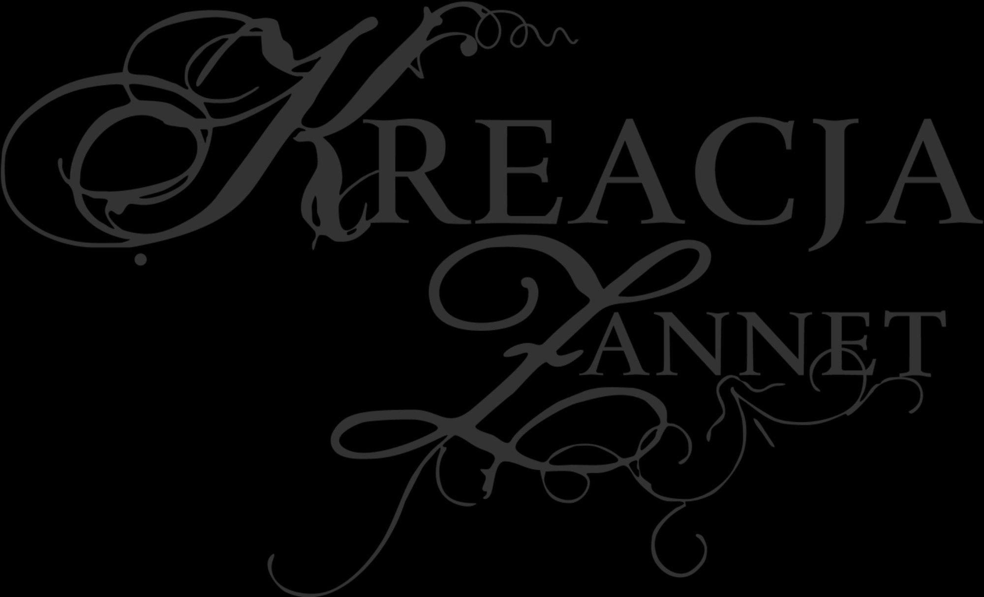 Eleganckie logo firmy 'Kreacja Zannet' w odcieniach szarości na czarnym tle, z ozdobnymi zawijasami.