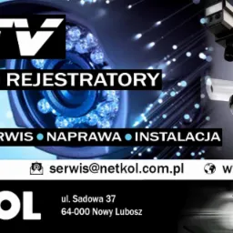 Grafika reklamowa firmy Netkol prezentująca kamery CCTV, rejestratory, montaż, serwis, naprawę i instalację systemów monitoringu wizyjnego.