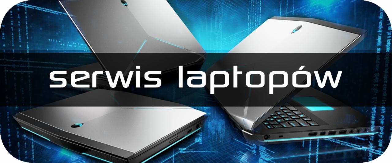 Dwa laptopy gamingowe Alienware w różnych ujęciach, z tekstem 'serwis laptopów' nałożonym na obraz. Widoczny otwarty laptop z podświetlaną klawiaturą oraz zamknięty laptop z charakterystycznym...