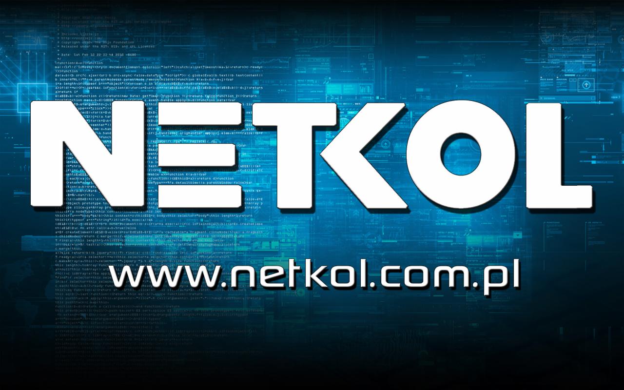 Grafika z nazwą firmy NETKOL oraz adresem strony internetowej www.netkol.com.pl na tle z elementami kodu źródłowego.