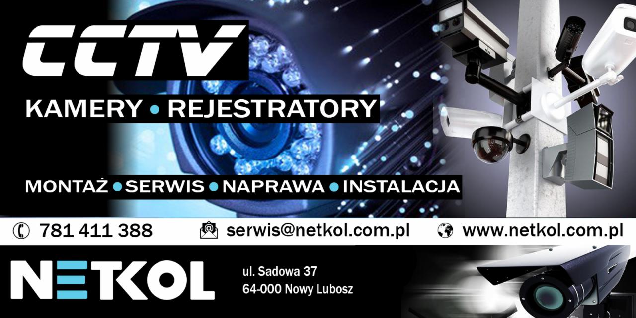 Grafika reklamowa firmy Netkol prezentująca kamery CCTV, rejestratory, montaż, serwis, naprawę i instalację systemów monitoringu wizyjnego.