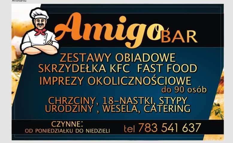 Reklama baru 'AmigoBar' oferującego zestawy obiadowe, skrzydełka KFC, fast food oraz organizację imprez okolicznościowych do 90 osób, w tym chrzciny, 18-nastki, stypy, urodziny, wesela i usługi...