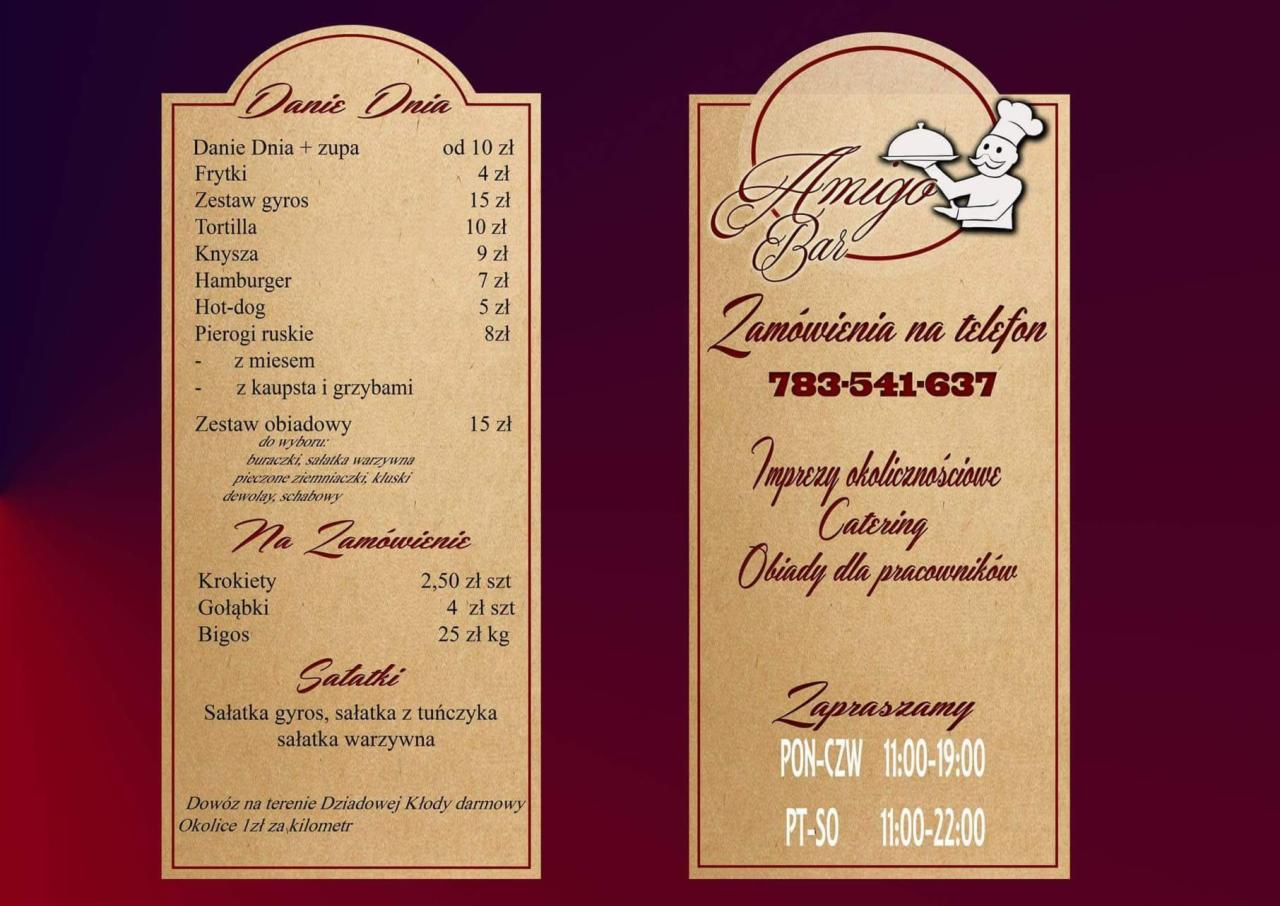 Menu restauracji z daniami dnia, zestawami obiadowymi, krokietami, gołąbkami, bigosem i sałatkami, informacją o dowozie oraz danymi kontaktowymi i godzinami otwarcia.